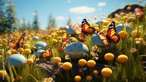 Easter day background with egg ornaments, butterflies and blurred background