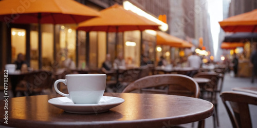 A solitary cup of coffee sits on a wooden table at a street caf    embodying the quintessential European caf   culture. The backdrop of a bustling city street.