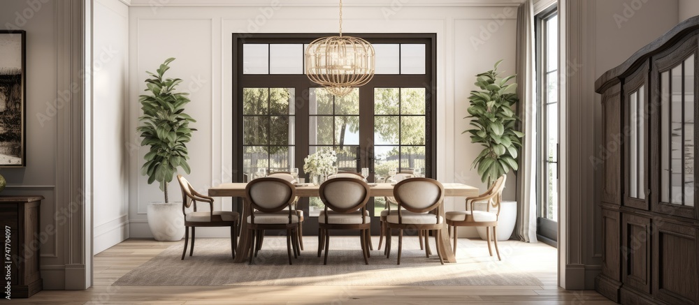 A dining room featuring a table with chairs, set in a beautiful and elegant space with an entryway table and a sophisticated light fixture. The room exudes luxury and modern style.