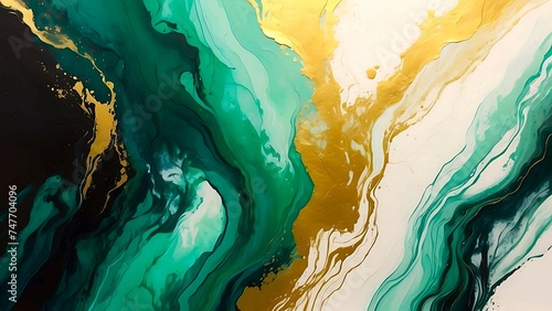 abstract background of blue green and gold painted illustrations, light emerald and dark black background AI Generated