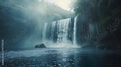 The mist at the waterfall and the lush green forest, the abundance of the forest, nature photo
