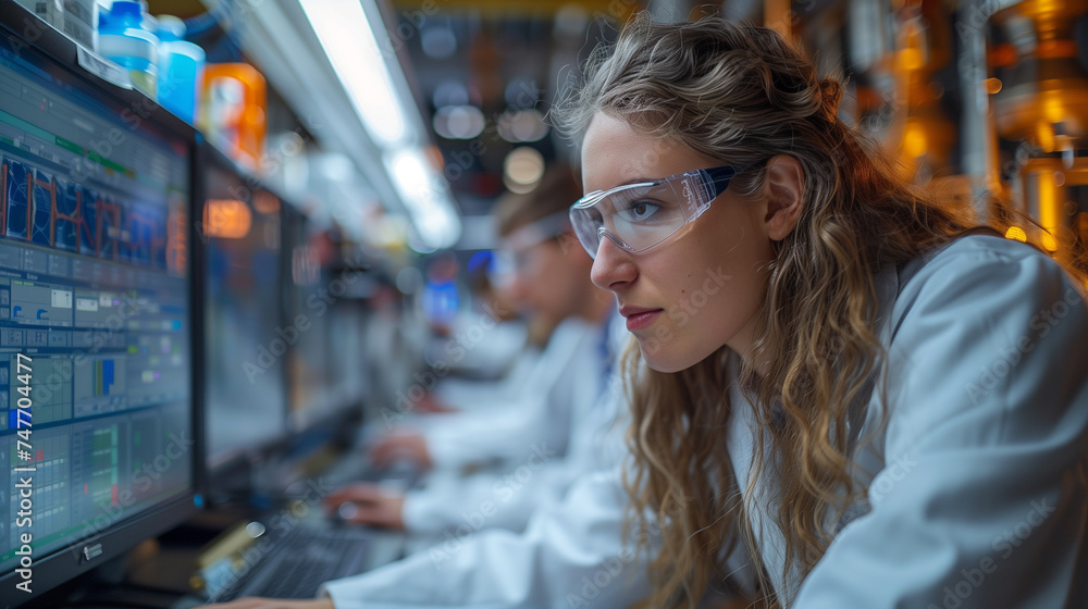 Naklejka premium A dedicated scientist closely examines laboratory samples with computer, surrounded by equipment in a research facility.
