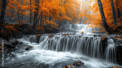 A waterfall in the middle of the forest surrounded by trees with orange leaves, autumn season, abundance of forest