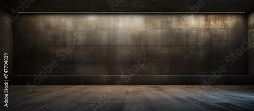 An empty, dark room with smooth brown wooden floors and a large concrete wall creates a minimalist and abstract architectural background.