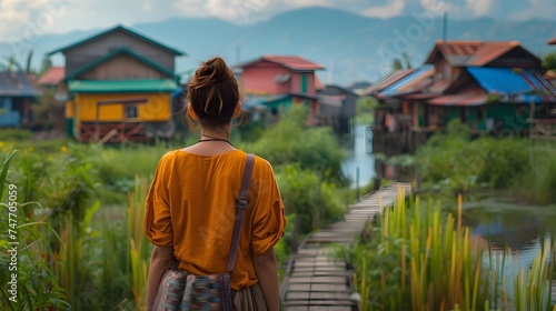 Woman Strolling Through a Colorful Village with Houses