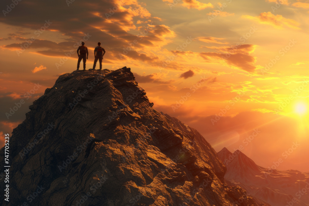 Two people are seen on top of a mountain in a success timelapse, showcasing realistic and hyper-detailed ings, bold gestures, and colors of orange and bronze.