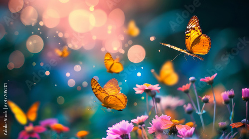 Yellow butterflies are seen flying over flowers, captured in a bokeh panorama, showcasing bright and vibrant colors. © Duka Mer