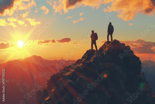 Two people are seen on top of a mountain in a success timelapse, showcasing realistic and hyper-detailed ings, bold gestures, and colors of orange and bronze. photo