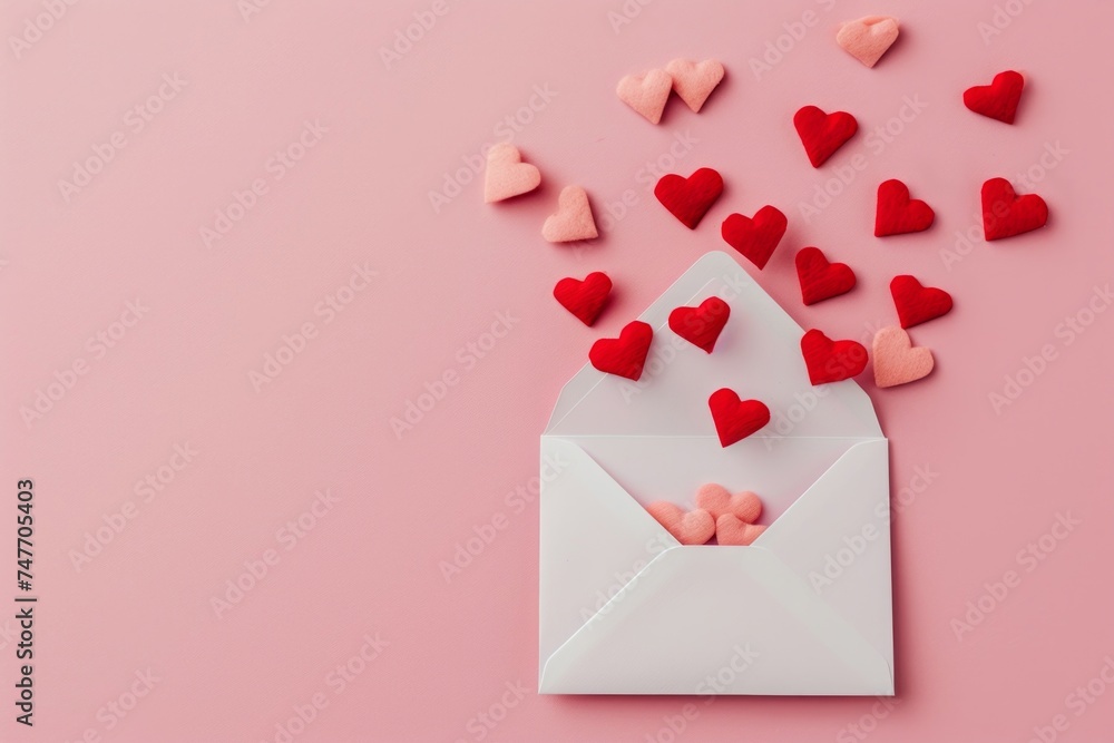 A white envelope, with red hearts coming out of it, is presented on a pink background, showcasing playful arrangements, asymmetrical compositions, and a simple, dark pink color.