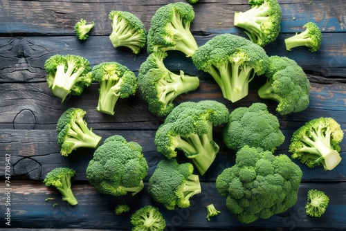 Some pieces of broccoli are presented on the wooden table, captured from a bird's-eye view, showcasing a rounded shape, strong emotional impact, and environmentalism.