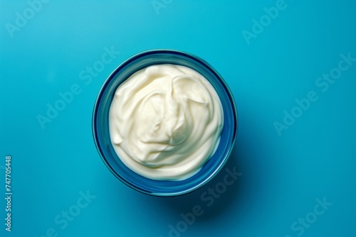 Yogurt is presented in a blue bowl on a blue background, captured from an aerial view, showcasing smooth curves, rustic simplicity, and an ivory color.