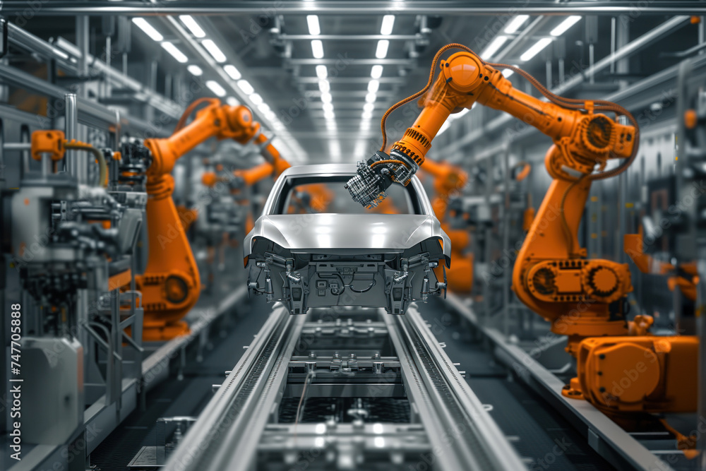 Robots assemble cars on a modern assembly line for automobile production AI Generative