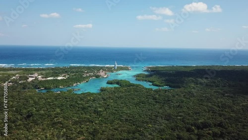 Aerial view of the Xel Ha caleta in Tulum, Riviera Maya, Mexico