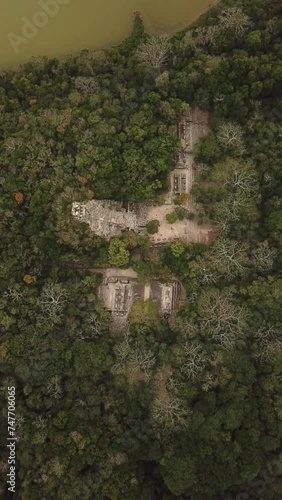 Aerial view of Pyramid and Ball Game Field in the Mayan Ruins of Coba in Tulum, Riviera Maya, Mexico