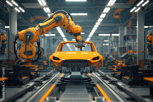 Assembly line of high tech automobile production facility uses robots to assemble automobiles AI Generative