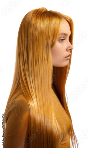Young girl with shiny straight beautiful hair transparent background
