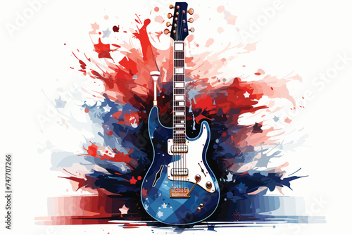 Music graphic with guitar and abstract watercolor elements.