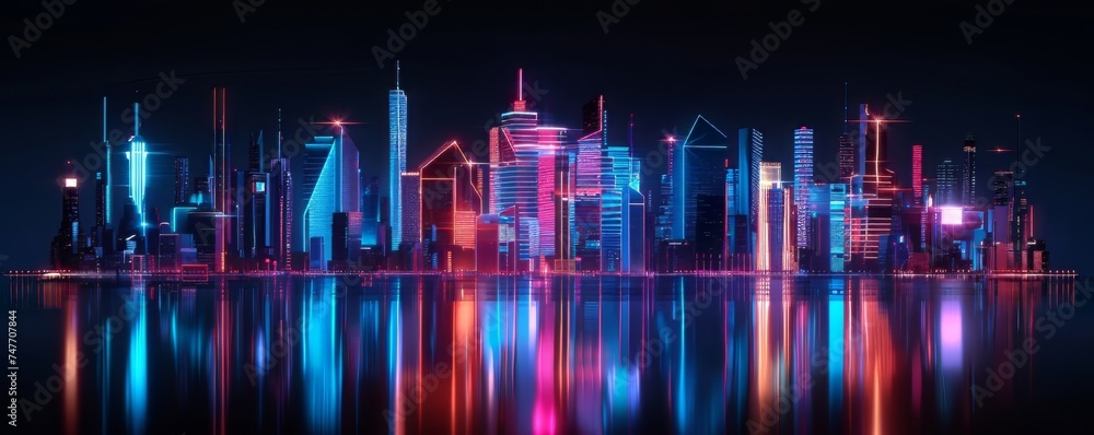 3D visual of futuristic cityscape, neon glow, advanced technology in harmony, on black background