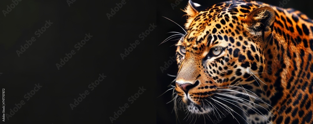 Obraz premium Leopard's gaze, close-up, wild essence captured in a moment, on black background