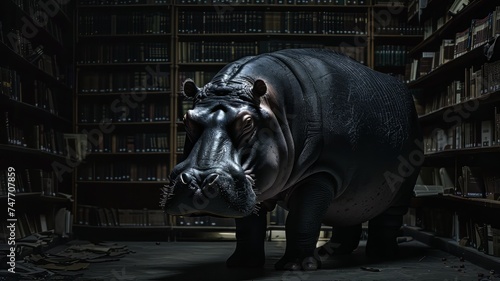 Ancient Greece meets cyberpunk aesthetics, mafia overseeing urban farming, light academia library with cyber crime archives, hippopotamus in togas, on black background photo
