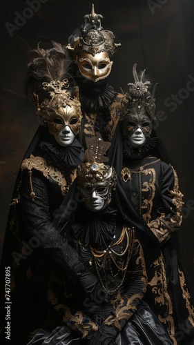 Secret society members wearing masks at a grand ball, opulent, mysterious, on black background © PrusarooYakk