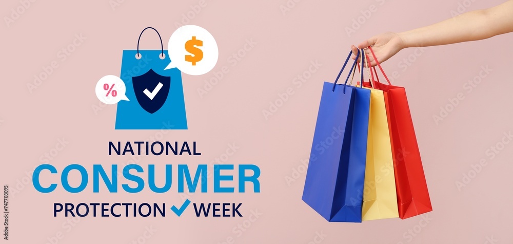 Banner for National Consumer Protection Week with surprised young women with hand holding shopping bags - obrazy, fototapety, plakaty 