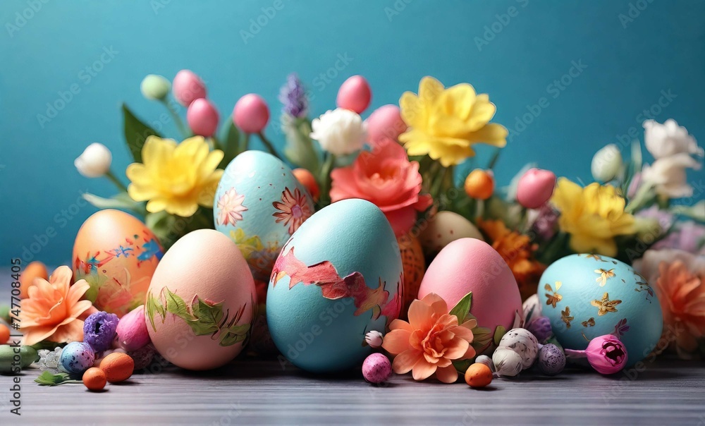Greeting card with Colorful decoration easter eggs and flowers. Happy Easter holiday background concept with large copyspace