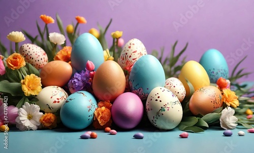 Greeting card with Colorful decoration easter eggs and flowers. Happy Easter holiday background concept with large copyspace