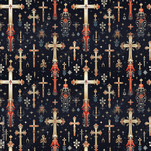 seamless pattern with religious crosses of the Orthodox faith on dark background. Decor for fabric and textile decoration photo