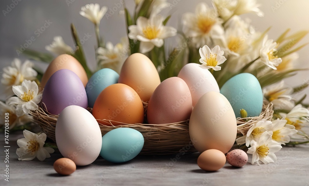 Colorful decoration easter eggs and flowers. Happy Easter holiday background