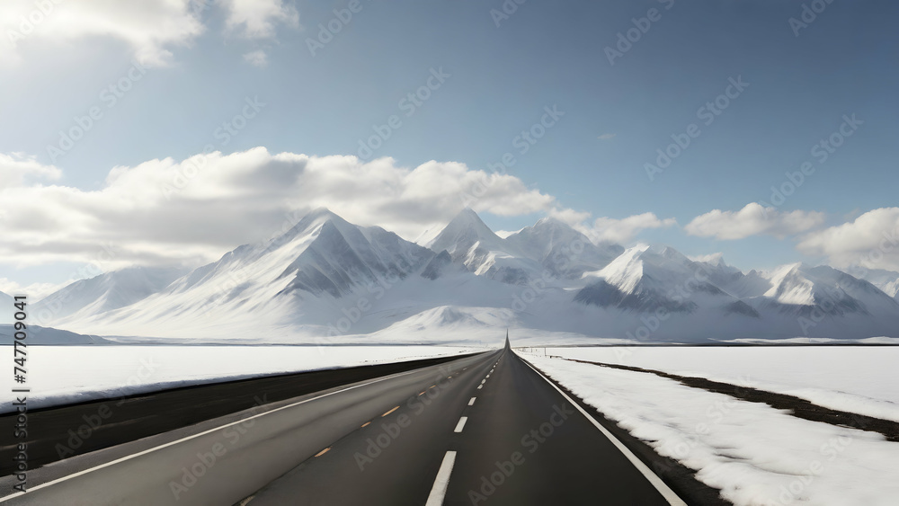 Beautiful scenery of a long straight road leading towards a snow capped mountain.