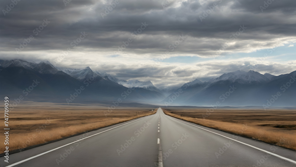 Road in the mountains. empty road with a view of mountains in the distance and cloudy sky.