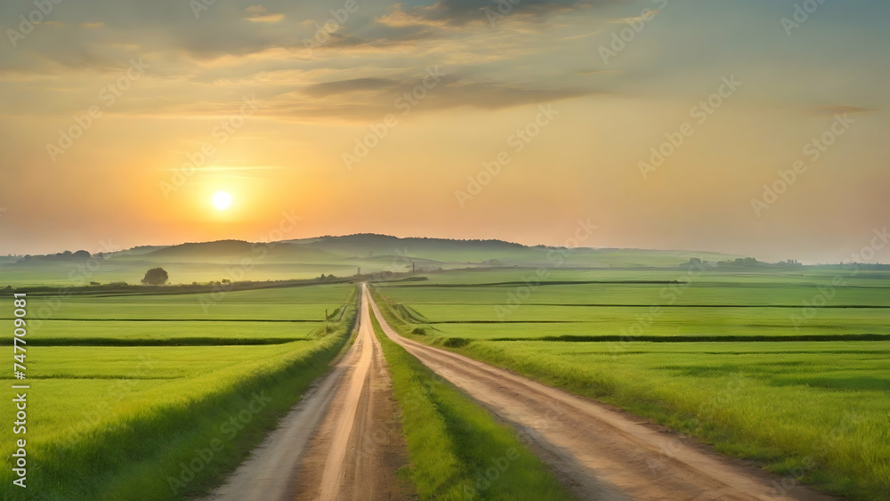 Scenery of straight country road and green farmland natural scenery at sunrise.