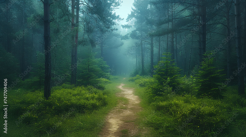 Obraz premium Beautiful pine trees in the forest in day and night. Sunset and sunrise