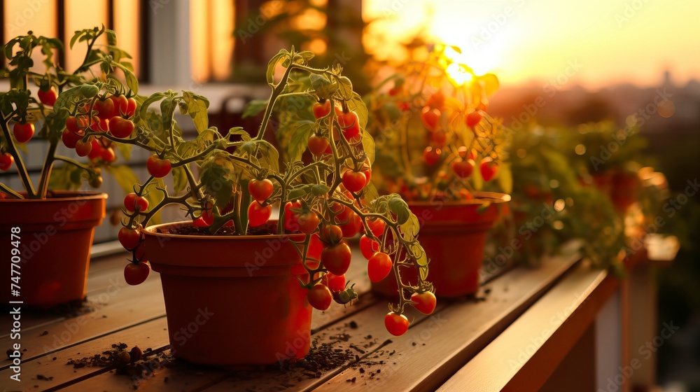 Cherry Tomato Plants on a Balcony Garden at Sunset