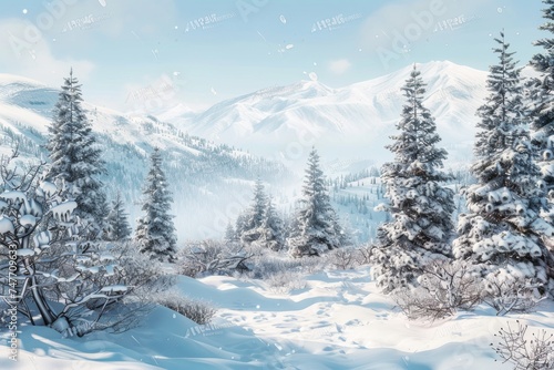 Temperate  Boreal forest, taiga, winter ,snow forest on the mountain scene of hill, Pine forest, fog, layers of hills, biome taiga landscape of Featured plants ,Fir, Spruce, hemlock, latch,Wide angle © Sittipol 