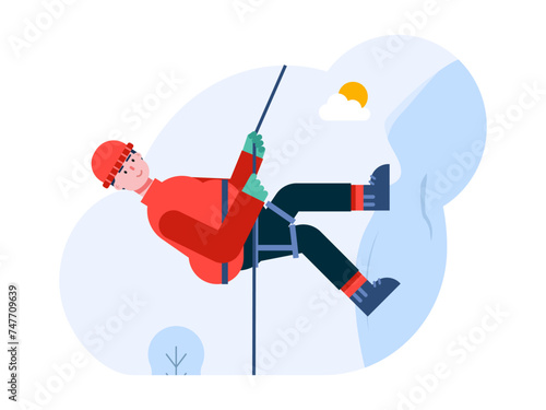 Man climbing mountain. Hobby vector illustration.