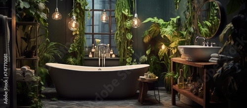 A bath tub is positioned next to a window adorned with lush green plants. The stylish bathroom interior incorporates a natural aesthetic with the presence of houseplants and string lights. © Vusal