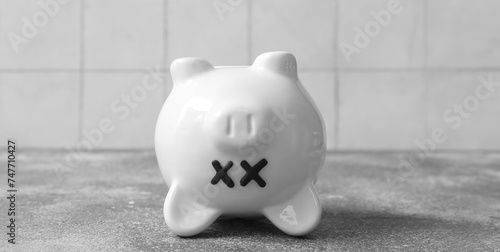 Tableau sur toile Piggy bank with closed eyes  on grunge table near white tile background