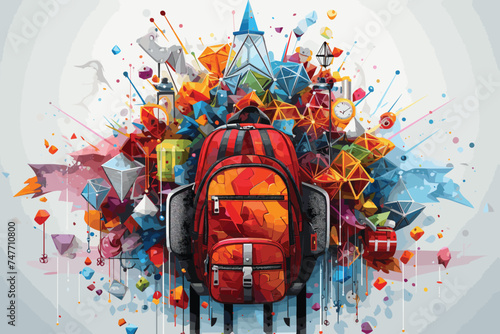 Back to school illustration in vector pop art style. Bright multi-coloured abstract template for t-shirts, stickers, etc. Backpack and other school supplies
