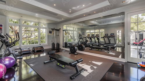 Interior of a fitness room with sport equipment and a gym equipment
