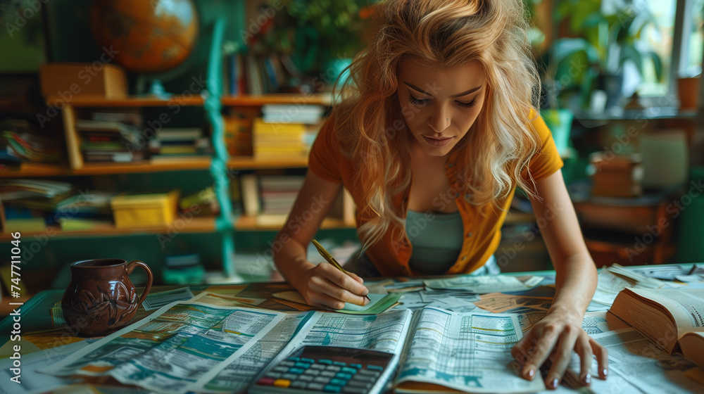 Fototapeta premium An acquaintance working from home, a young woman calculating budget with calculator and documents, highlighting remote work and financial planning.