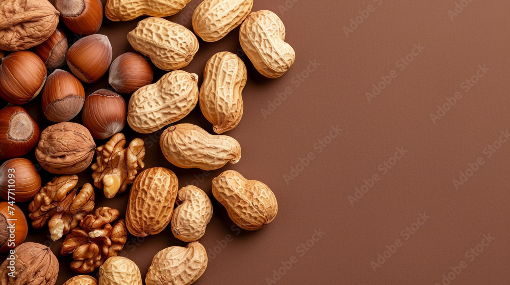 Different kinds of nuts: peanuts, hazelnuts, walnuts, peanuts on a brown background. Different kinds of nuts: peanuts, hazelnuts, walnuts, peanuts on a brown background.