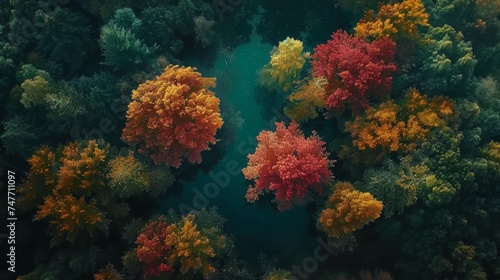 temperate deciduous forest, autumn, pine forest, forest, stream, rivers, waterfall, nature, landscape, tree, top view, oak, beech, maple, willow, leaf, woodland, giant trees, background, fantasy, tran © Sittipol 