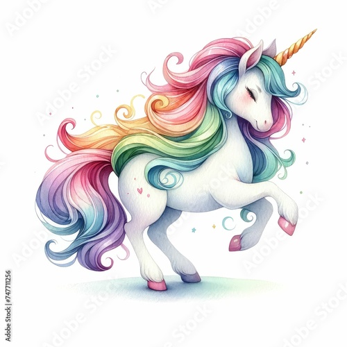 Magical unicorn with flowing mane and sparkling horn. watercolor illustration, Watercolor fantasy unicorn clip art. isolated on a white background. For print, design, poster, sticker, card.