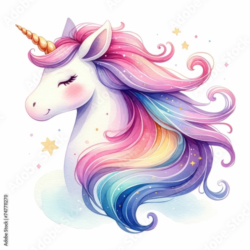 Magical unicorn with flowing mane and sparkling horn.  watercolor illustration, Watercolor fantasy unicorn clip art. isolated on a white background. For print, design, poster, sticker, card. © JR BEE