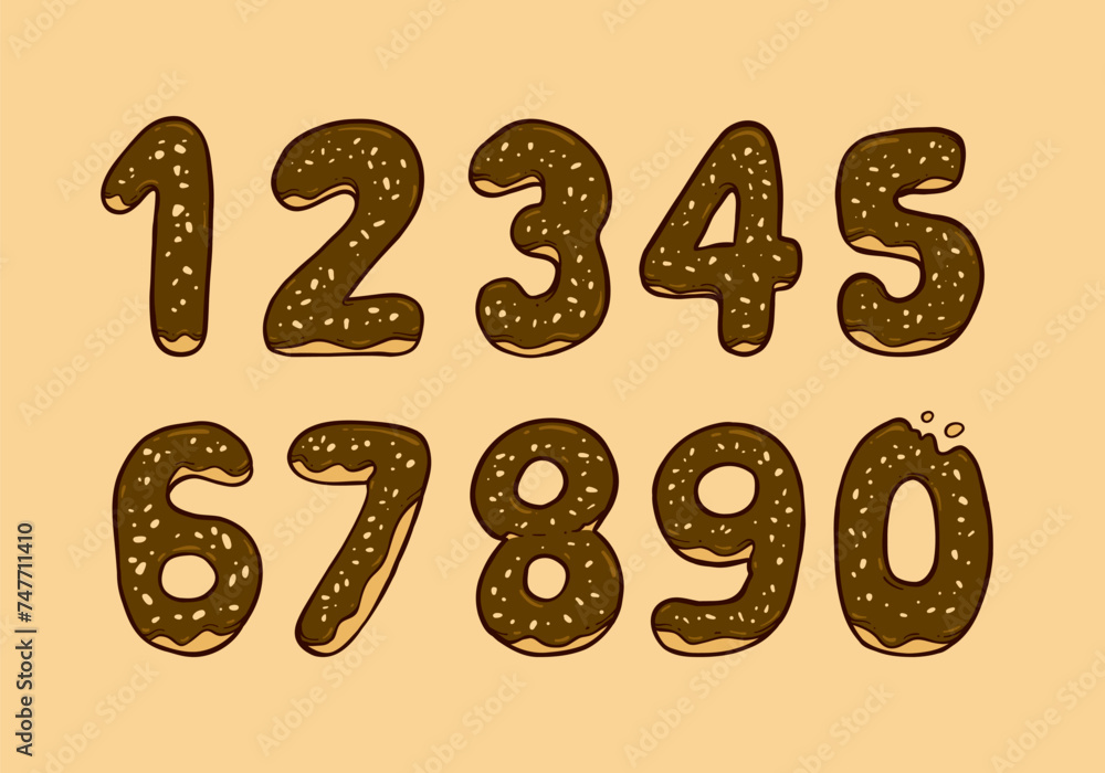 Doughnut or donut with chocolate glaze and nut topping set number typography text illustration from 0 to 9