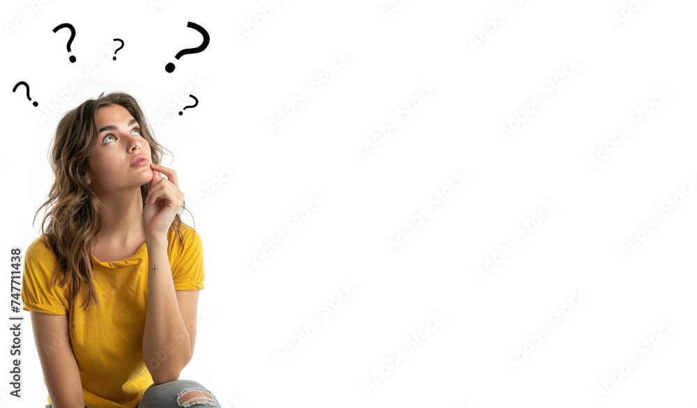 Fototapeta premium Young Woman with a Questioning Expression. Worried, Thoughtful Expression. Thoughtful pose. Isolated over White Background with Copy Space.