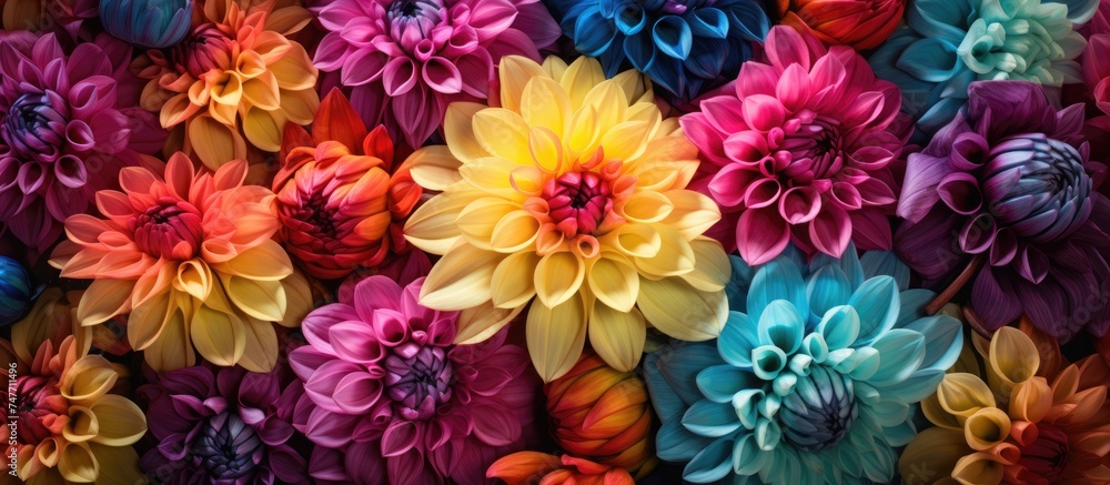 A bunch of assorted vivid color flowers displayed on a wall, adding a pop of color and beauty to the space. The flowers are neatly arranged, enhancing the aesthetic appeal of the area.