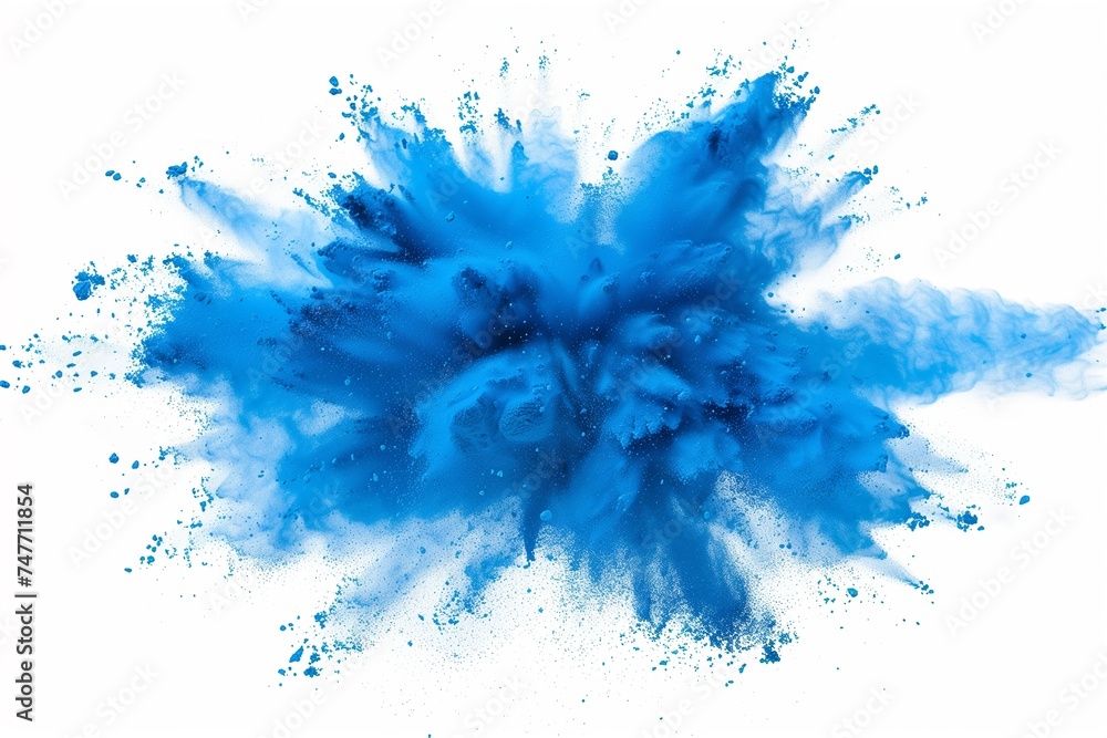 A dynamic and vibrant explosion of blue powder creating an abstract cloud, isolated on a white background, evoking a sense of motion and energy.

